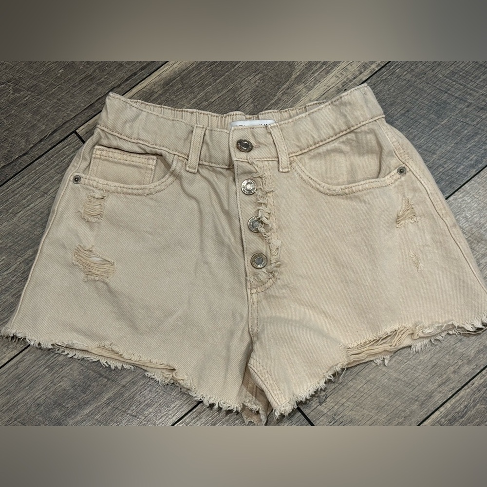 Zara Girls Size 13-14 Fly Button Tan Denim Adj Waist Shorts